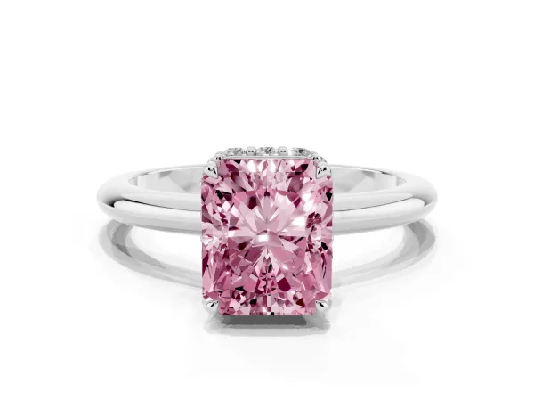 Fancy Pink Radiant Cut Brilliant Solitaire Engagement Ring with Six-Prong Setting and Classic Band Platinum