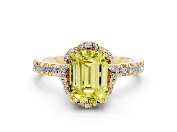 Fancy Yellow Emerald Cut Halo Diamond Pave Band Ring with Four-Prong Setting Yellow gold