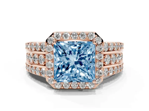 Fancy Blue Princess Cut Halo Diamond Ring with Round Split Shank and Prong Setting Rose gold