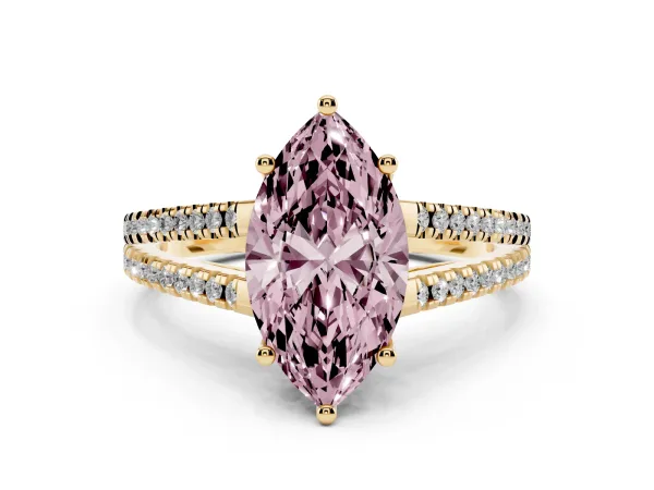 Fancy Pink Marquise Cut Diamond Solitaire Engagement Ring with Split Shank Pavé Band Yellow gold
