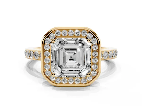 Asscher Cut Diamond Halo Ring with Bezel Frame and Pavé Band Yellow gold