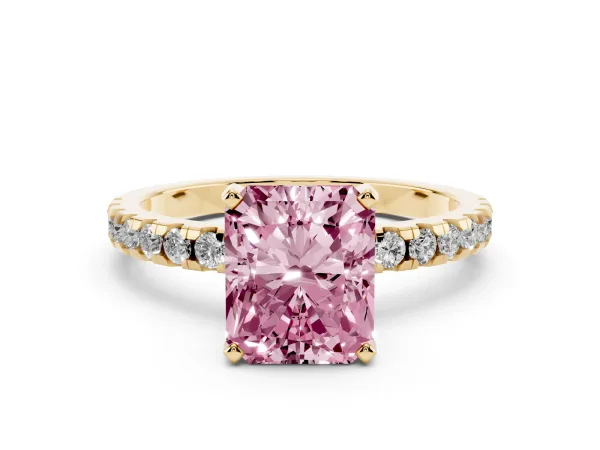 Fancy Pink Radiant Cut Diamond Solitaire Ring with Round Pavé Band and Four-Prong Setting Yellow gold