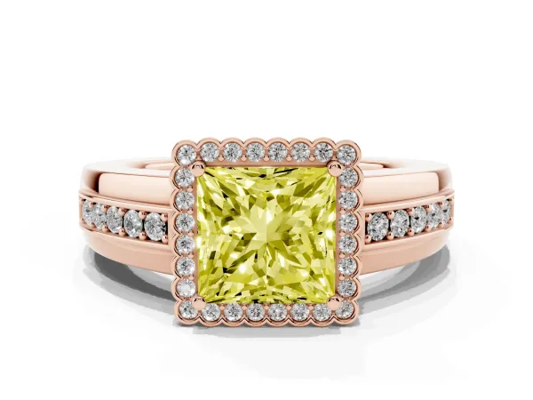 Fancy Yellow Princess Cut Cut Halo Pave Band Four-Prong Ring Rose gold