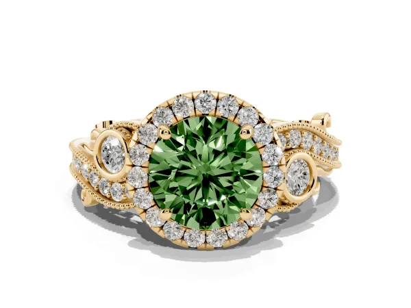 Fancy Green Round Cut Diamond Halo Ring with Milgrain Pavé Band and Four-Prong Setting Yellow gold
