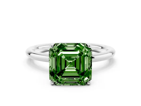 Fancy Green Asscher Cut Solitaire Diamond Ring with a Classic Band and Four-Prong Setting White gold