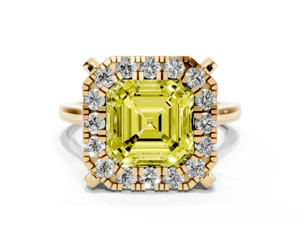 Fancy Yellow Asscher Cut Diamond Cluster Halo Solitaire with Four-Prong Setting Yellow gold