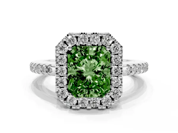 Fancy Green Radiant Cut Diamond Pavé Halo Ring with Four-Prong Setting Platinum
