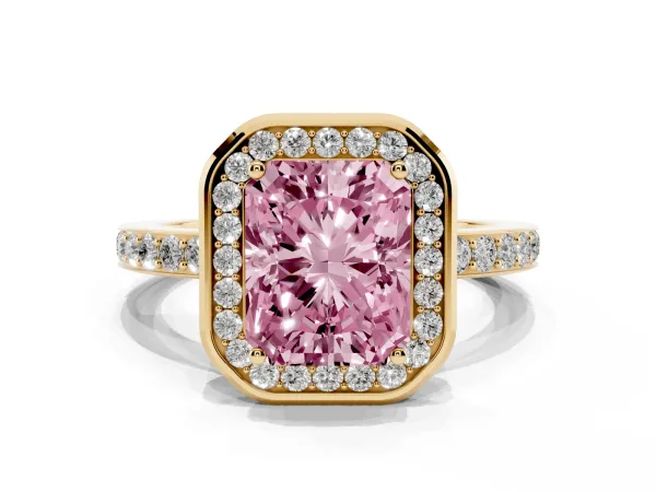Fancy Pink Radiant Cut Diamond Halo Ring with Bezel Frame and Pavé Band Yellow gold