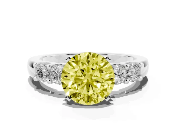 Fancy Yellow Round Cut Brilliant Cut Diamond Five-Stone Prong Set Engagement Ring with Channel Band White gold