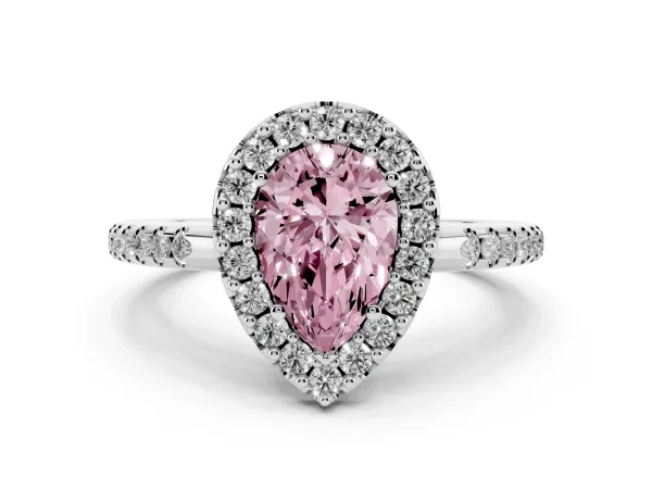 Fancy Pink Pear Cut Diamond Pavé Halo Ring with Four-Prong Setting Platinum