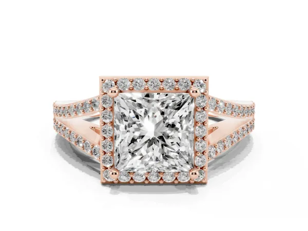 Princess Cut Halo Split Shank Diamond Ring with Prong Setting Rose gold