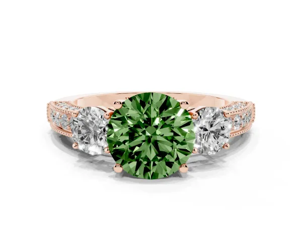 Fancy Green Round Cut Three-Stone Diamond Ring with Pavé Band and Four-Prong Setting Rose gold