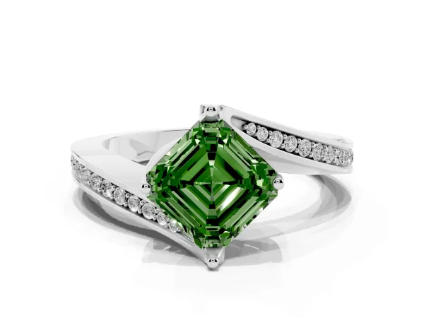 Fancy Green Asscher Cut Solitaire Diamond Twist Band with Pavé Setting and Four-Prong Setting Platinum