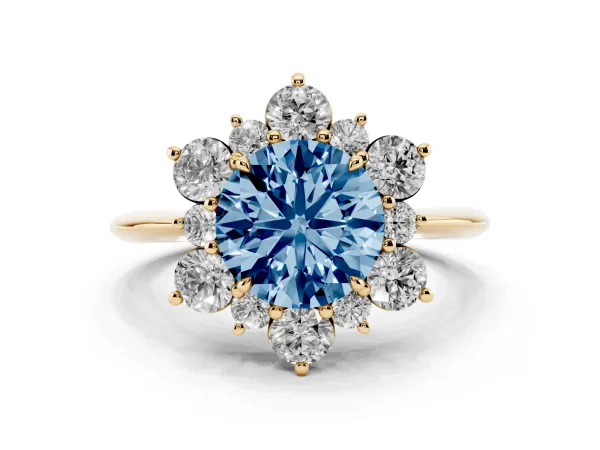 Fancy Blue Round Cut Diamond Cluster Halo Ring with Solitaire Band and Four-Prong Setting Yellow gold