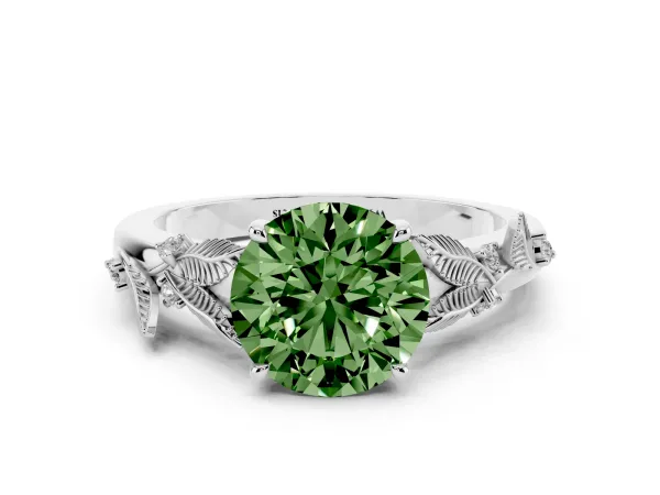 Fancy Green Round Cut Diamond Solitaire Ring with Leaf Motif Band and Four-Prong Setting White gold