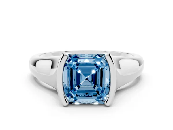 Fancy Blue Asscher Cut Solitaire Tension Set Diamond Ring with Split Shank Band White gold