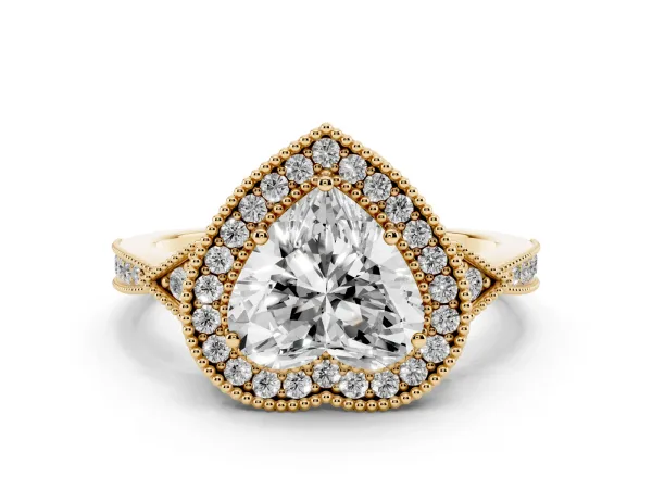 Heart Cut Halo Round Diamond Milgrain Pave Engagement Ring Yellow gold