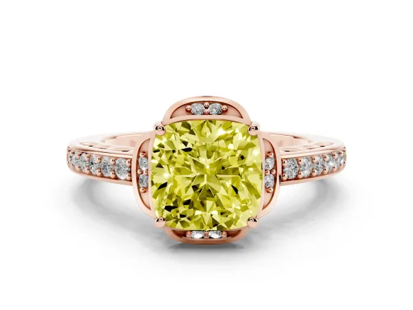 Fancy Yellow Cushion Cut Cut Halo Diamond Ring with Channel Set Band and Four-Prong Setting Rose gold