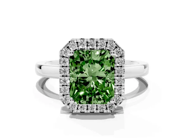 Fancy Green Radiant Cut Halo Diamond Solitaire with Pavé Band and Four-Prong Setting White gold