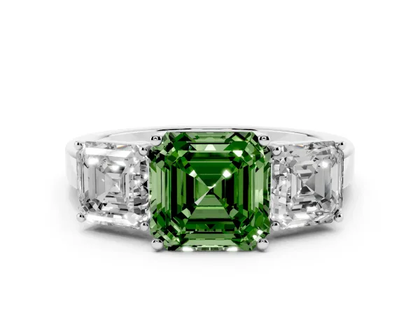 Fancy Green Three-Stone Asscher Cut Cut Diamond Engagement Ring with Flat Band and Four-Prong Setting White gold