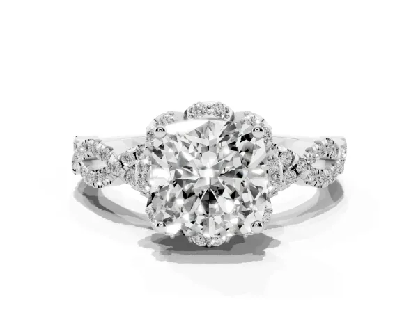 Cushion Cut Halo Twist Band Solitaire Ring with Six-Prong Setting Platinum