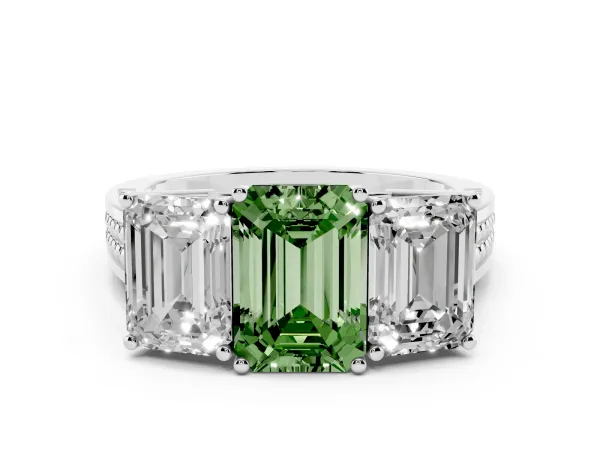Fancy Green Emerald Cut Diamond Three-Stone Ring with Prong Setting and Textured Band Platinum