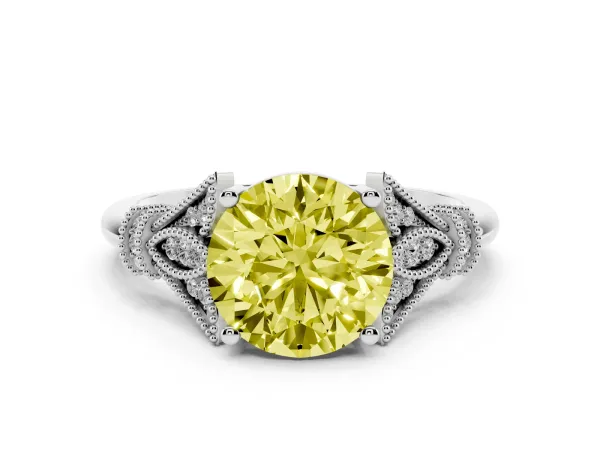 Fancy Yellow Round Cut Diamond Solitaire Ring with Floral Filigree and Pave Accents White gold