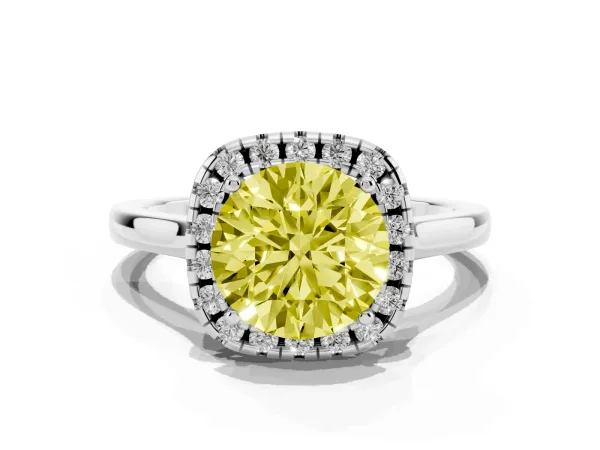Fancy Yellow Round Cut Halo Round Diamond Solitaire Ring with Pavé Band and Four-Prong Setting Platinum
