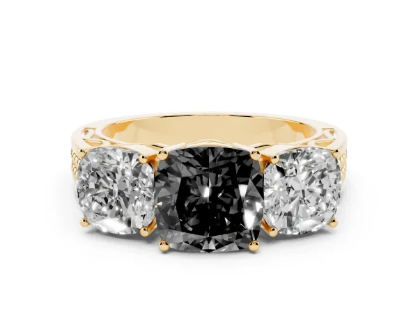 Fancy Black Cushion Cut Diamond Three-Stone Ring with Prong Setting and Textured Band Yellow gold