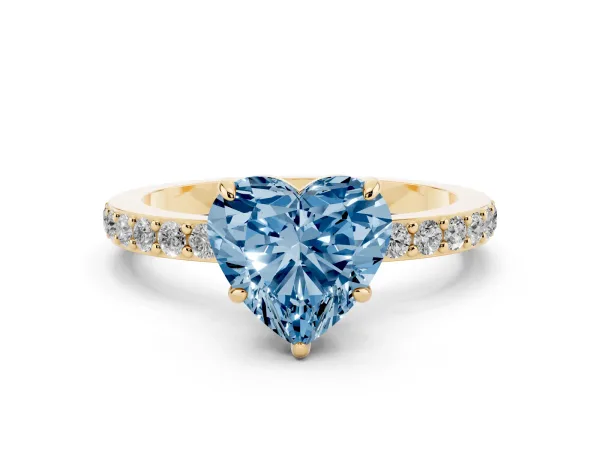 Fancy Blue Heart Cut Diamond Pavé Engagement Ring with Round Accents and Prong Setting Yellow gold