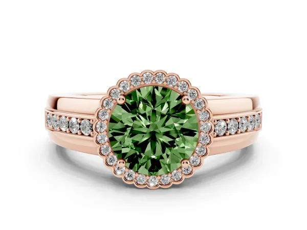 Fancy Green Round Cut Cut Halo Pave Band Four-Prong Ring Rose gold