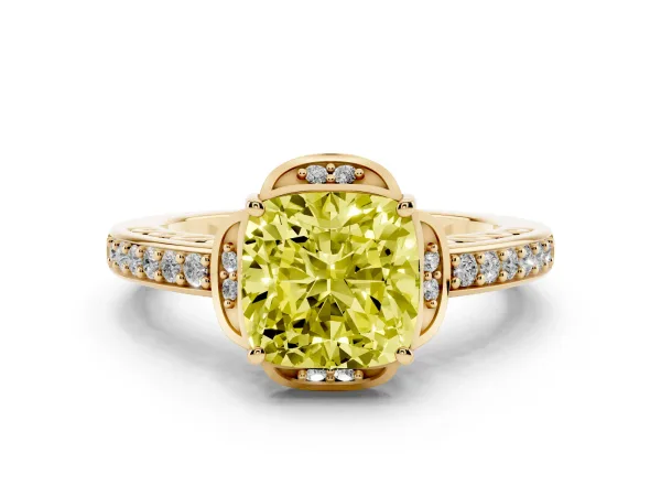 Fancy Yellow Cushion Cut Cut Halo Diamond Ring with Channel Set Band and Four-Prong Setting Yellow gold