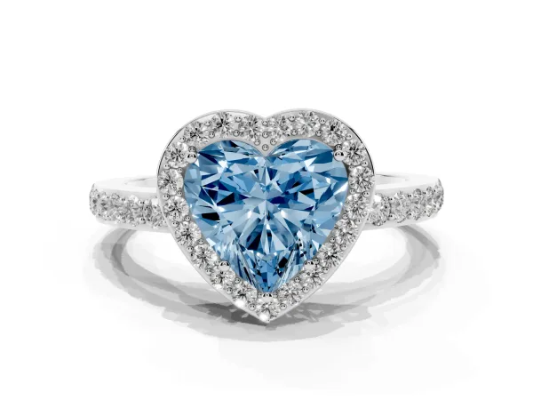 Fancy Blue Heart Cut Halo Diamond Pavé Band Ring with Prong Setting Platinum