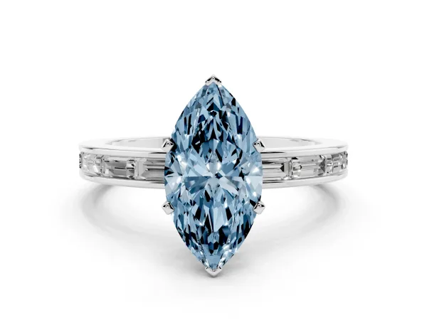 Fancy Blue Marquise Cut Solitaire Diamond Ring with Channel-Set Baguette Band and Four-Prong Setting White gold