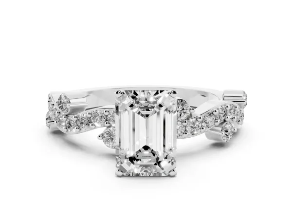 Emerald Cut Cut Solitaire Diamond Twisted Band with Pave Setting White gold