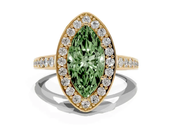 Fancy Green Marquise Cut Halo Pavé Diamond Engagement Ring with Bezel Setting Yellow gold