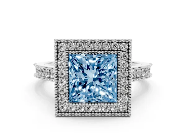 Fancy Blue Halo Princess Cut-Cut Diamond Pave Band Milgrain Prong Setting Ring Platinum