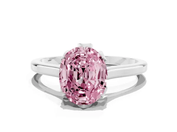 Fancy Pink Oval Cut Diamond Solitaire Ring with Flower Prong Setting and Classic Band Platinum
