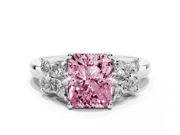Fancy Pink Radiant Cut Diamond Floral Cluster Ring with Solitaire Band and Prong Setting White gold