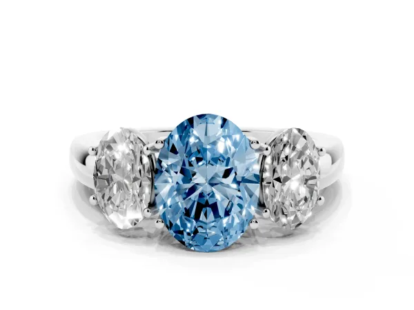 Fancy Blue Oval Cut Diamond Three-Stone Ring with Four-Prong Setting and Classic Band Platinum