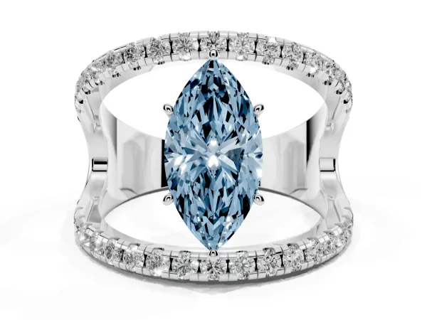 Fancy Blue Marquise Cut Solitaire Split Shank Pave Diamond Ring White gold