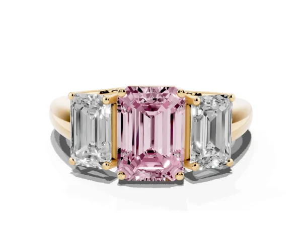 Fancy Pink Three-Stone Emerald Cut Diamond Engagement Ring with Prong Setting Yellow gold
