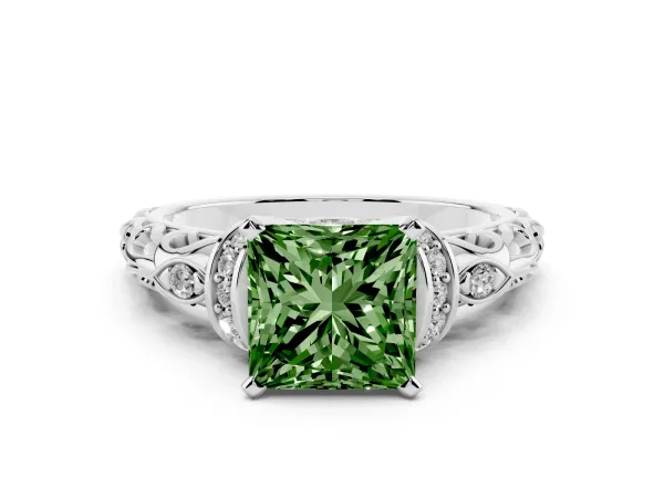 Fancy Green Princess Cut Diamond Solitaire Ring with Filigree Band and Four-Prong Setting Platinum