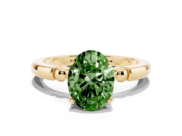 Fancy Green Oval Cut Solitaire Beaded Band with Four-Prong Setting Yellow gold