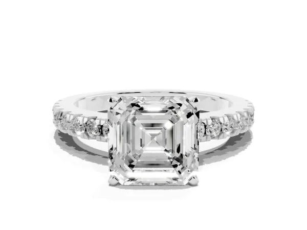 Asscher Cut Solitaire Diamond with Pavé Band and Four-Prong Setting White gold