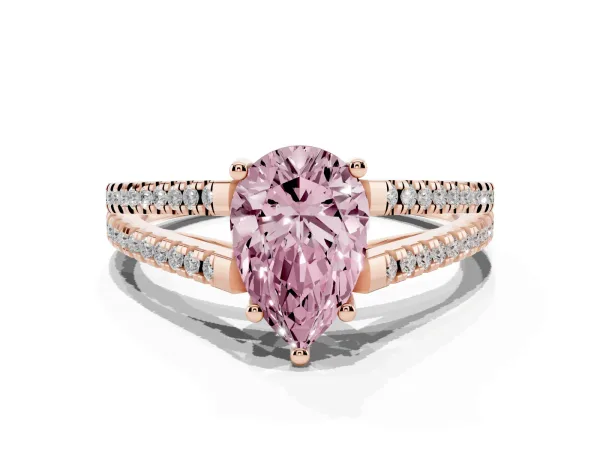 Fancy Pink Pear Cut Diamond Solitaire Engagement Ring with Split Shank Pavé Band Rose gold
