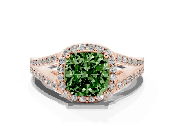 Fancy Green Cushion Cut Halo Split Shank Diamond Ring with Prong Setting Rose gold