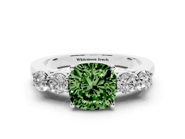 Fancy Green Cushion Cut Cut Diamond Five-Stone Prong Set White Gold Ring Platinum