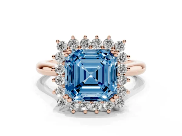 Fancy Blue Asscher Cut Cut Diamond Halo Ring with Solitaire Band and Prong Setting Rose gold