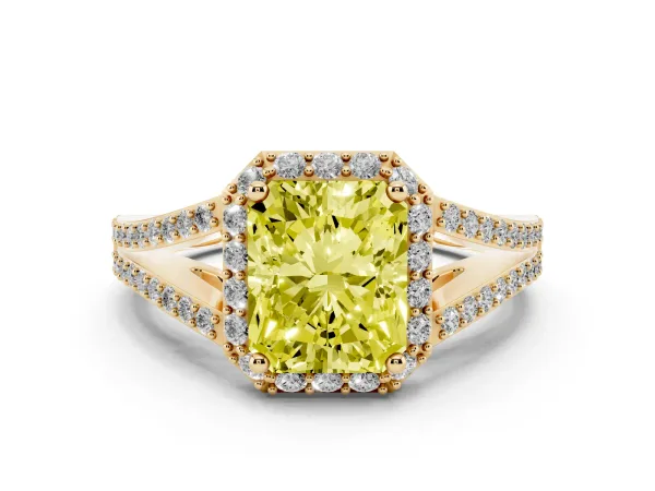 Fancy Yellow Radiant Cut Halo Split Shank Pave Diamond Ring with Four-Prong Setting Yellow gold